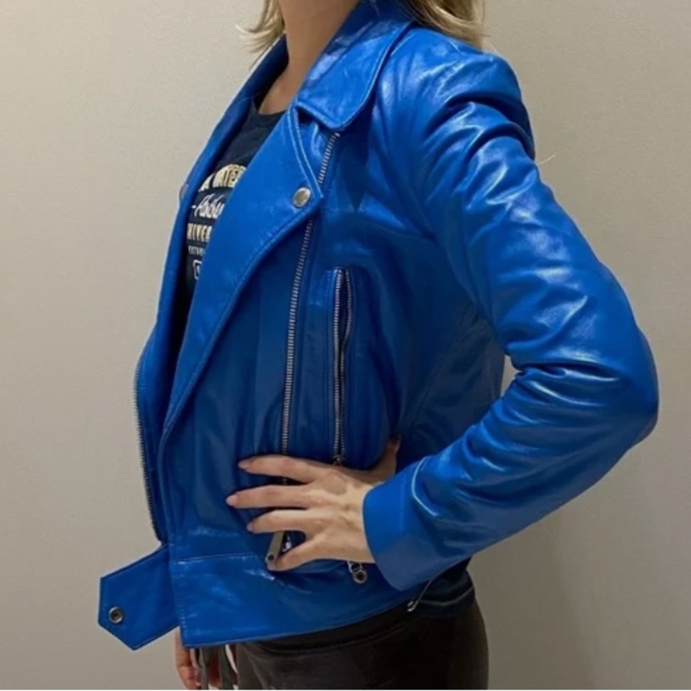 Vintage Diesel Turquoise Blue Lambskin Leather Biker Jacket - Picture 2 of 12